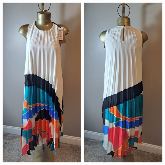 Mianotte Pleated White And Multicolor Midi Dress - Picture 2 of 9